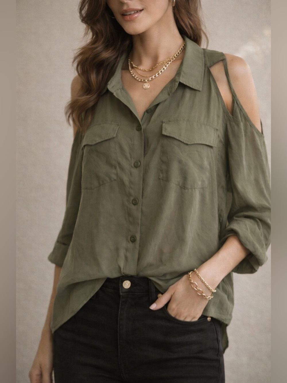 DKNY Olive Green Cold Shoulder Button Front Blouse XL Sheer Lightweight Top